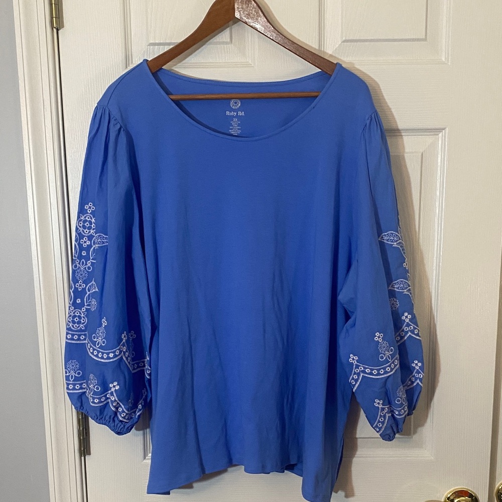 3X Ruby Rd. Cobalt Blue Embroidered Balloon-Sleeve 100% cotton Tunic- stunning!